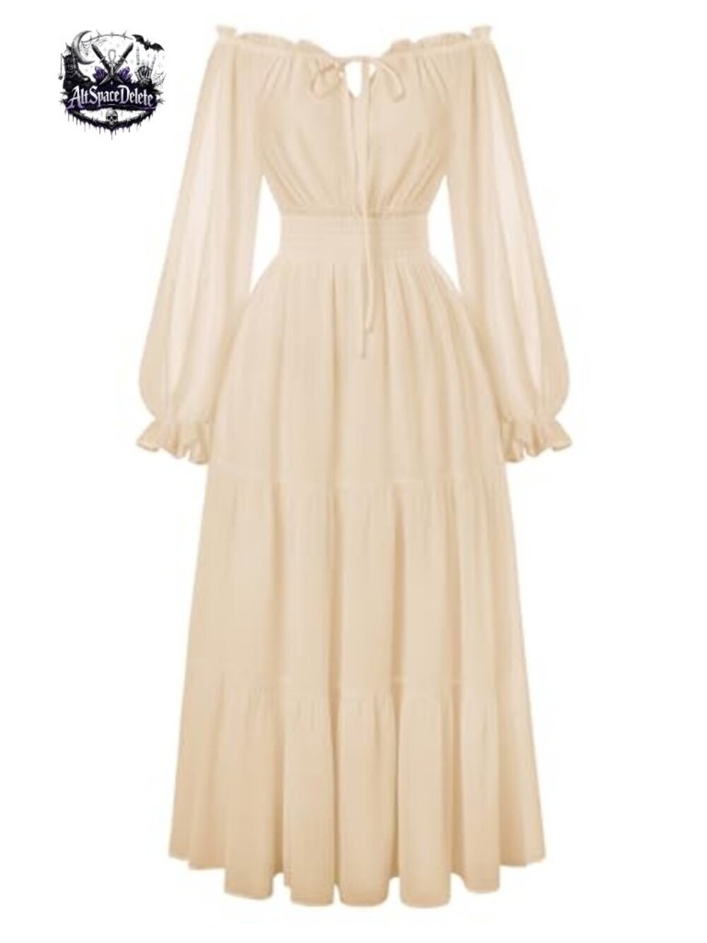 Renaissance Off Shoulder Split Sleeve Chiffon Maxi Dress Smocked Waist